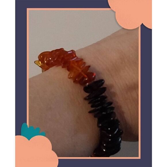 Pretty New Genuine Amber & Black Agate Gemstones Stretch Style Stack Bracelet - Picture 2 of 2